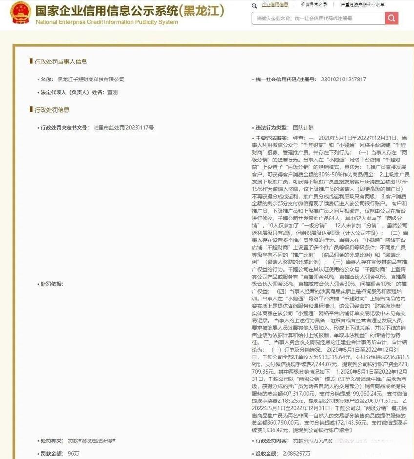 黑龙江千鲤财商科技有限公司因组织筹谋传销被罚没98万余元